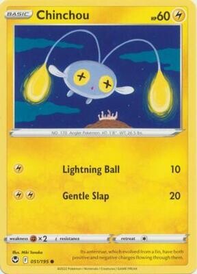 Chinchou - 051/195 - Common
Sword &amp; Shield: Silver Tempest Singles