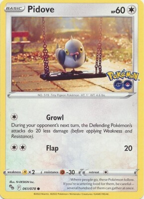 Pidove - 061/078 - Common
Pokemon Go Singles