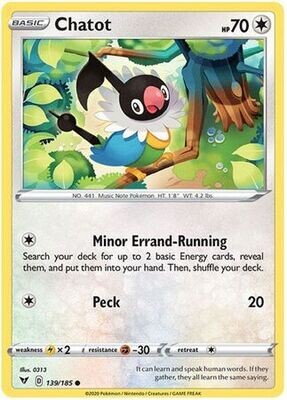 Chatot - 139/185 - Common
Sword &amp; Shield: Vivid Voltage Singles