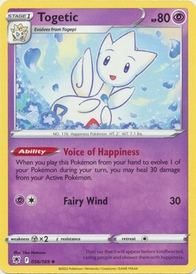 Togetic - 056/189 - Uncommon
Sword &amp; Shield: Astral Radiance Singles