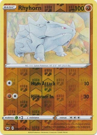 Rhyhorn - 096/202 - Common Reverse Holo Sword &amp; Shield (Base Set) Reverse Holo Singles