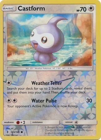 Castform - 105/145 - Common Reverse Holo
Sun &amp; Moon: Guardians Rising Reverse Holo Singles