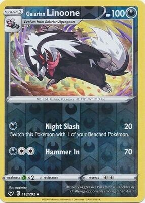 Galarian Linoone - 118/202 - Uncommon Reverse Holo
Sword &amp; Shield (Base Set) Reverse Holo Singles