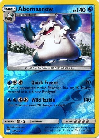 Abomasnow - 42/236 - Rare Reverse Holo
Sun &amp; Moon: Unified Minds Reverse Holo Singles