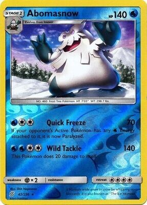 Abomasnow - 42/236 - Rare Reverse Holo
Sun &amp; Moon: Unified Minds Reverse Holo Singles