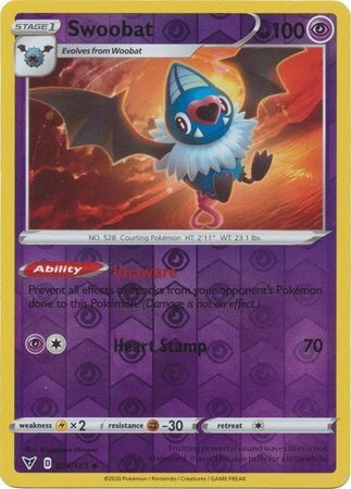 Swoobat - 074/185 - Uncommon Reverse Holo
Sword &amp; Shield: Vivid Voltage Reverse Holo Singles