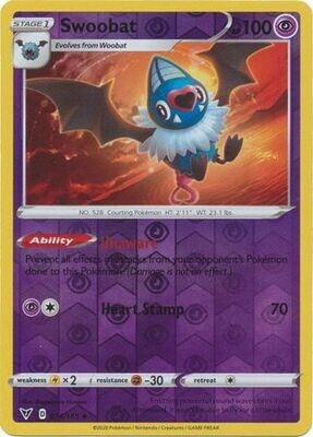 Swoobat - 074/185 - Uncommon Reverse Holo
Sword &amp; Shield: Vivid Voltage Reverse Holo Singles