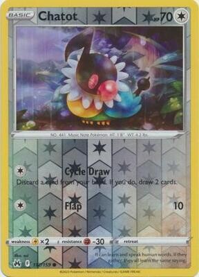 Chatot - 112/159 - Common Reverse Holo
Crown Zenith Reverse Holo Singles