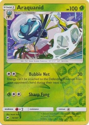 Araquanid - 15/147 - Rare Reverse Holo
Sun &amp; Moon: Burning Shadows Reverse Holo Singles