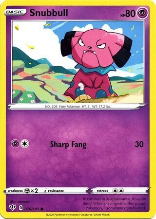 Snubbull - 070/189 - Common
Sword &amp; Shield: Darkness Ablaze Singles