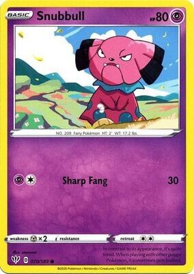 Snubbull - 070/189 - Common
Sword &amp; Shield: Darkness Ablaze Singles