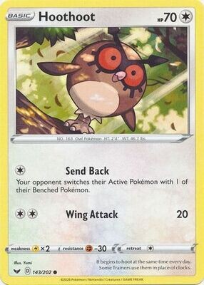 Hoothoot - 143/202 - Common
Sword &amp; Shield (Base Set) Singles