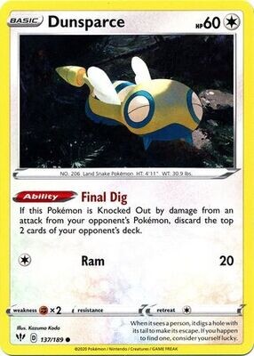 Dunsparce - 137/189 - Common
Sword &amp; Shield: Darkness Ablaze Singles(Español)