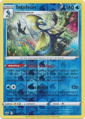 Inteleon - 058/202 - Rare Reverse Holo
Sword &amp; Shield (pokemon league) Reverse Holo Singles
