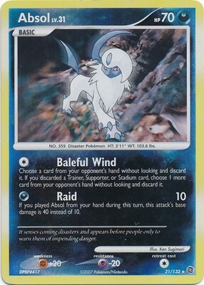 Absol - 21/132 - Rare Reverse Holo
Diamond &amp; Pearl: Secret Wonders Reverse Holo Singles