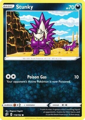 Stunky - 114/192 - Common Reverse Holo
Sword &amp; Shield: Rebel Clash Reverse Holo Singles
