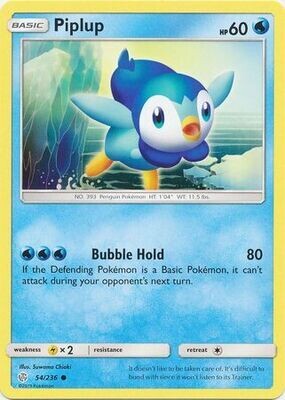 Piplup - 54/236 - Common
Sun &amp; Moon: Cosmic Eclipse Singles (Español)