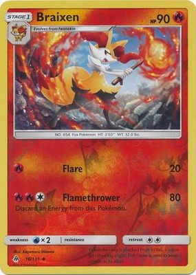 Braixen - 16/131 - Uncommon Reverse Holo
Sun &amp; Moon: Forbidden Light Reverse Holo Singles