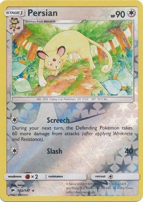 Persian - 102/147 - Rare Reverse Holo
Sun &amp; Moon: Burning Shadows Reverse Holo Singles