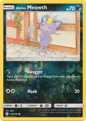 Alolan Meowth - 128/236 - Common Reverse Holo Sun &amp; Moon: Cosmic Eclipse Reverse Holo Singles