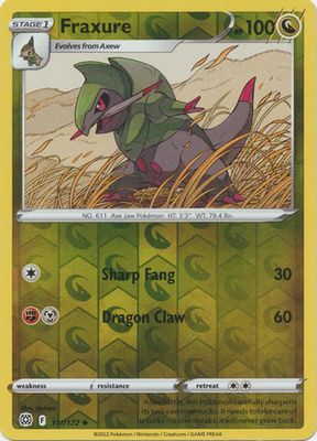 Fraxure - 111/172 - Uncommon Reverse Holo
Sword &amp; Shield: Brilliant Stars Reverse Holo Singles