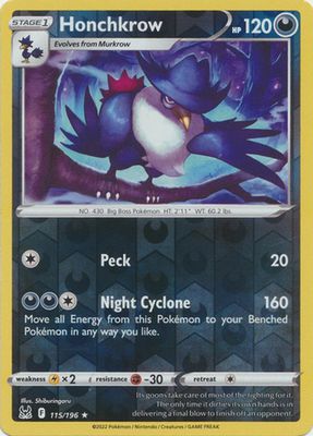 Honchkrow - 115/196 - Rare Reverse Holo Sword &amp; Shield: Lost Origin Reverse Holo Singles