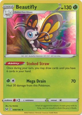 Beautifly - 008/196 - Holo Rare
Sword &amp; Shield: Lost Origin Singles