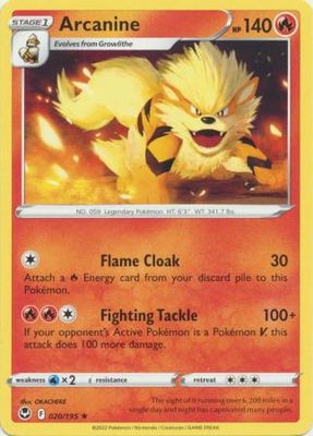 Arcanine - 020/195 - Rare Sword &amp; Shield: Silver Tempest Singles
