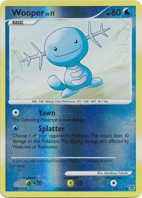 Wooper - 118/132 - Common Reverse Holo
Diamond &amp; Pearl: Secret Wonders Reverse Holo Singles