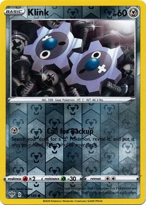 Klink - 125/189 - Common Reverse Holo
Sword &amp; Shield: Darkness Ablaze Reverse Holo Singles