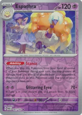 Espathra - 081/182 - Holo Rare Reverse Holo
Scarlet &amp; Violet: Paradox Rift Reverse Holo Singles (Español)