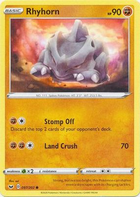 Rhyhorn - 097/202 - Common
Sword &amp; Shield (Base Set) Singles