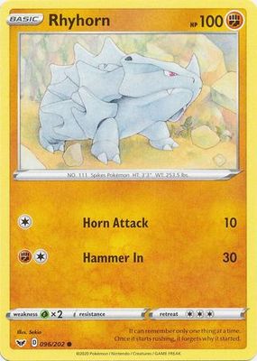 Rhyhorn - 096/202 - Common
Sword &amp; Shield (Base Set) Singles