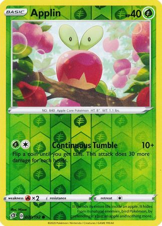 Applin - 020/192 - Common Reverse Holo
Sword &amp; Shield: Rebel Clash Reverse Holo Singles