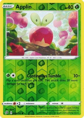 Applin - 020/192 - Common Reverse Holo
Sword &amp; Shield: Rebel Clash Reverse Holo Singles