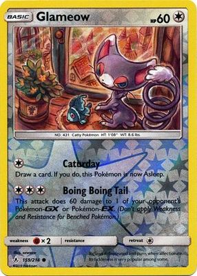 Glameow - 159/214 - Common Reverse Holo
Sun &amp; Moon: Unbroken Bonds Reverse Holo Singles