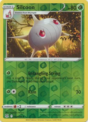 Silcoon - 007/196 - Uncommon Reverse Holo
Sword &amp; Shield: Lost Origin Reverse Holo Singles