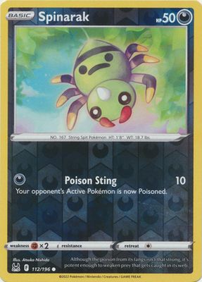Spinarak - 112/196 - Common Reverse Holo
Sword &amp; Shield: Lost Origin Reverse Holo Singles(Español)