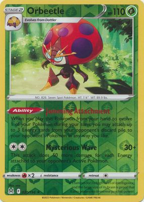 Orbeetle - 020/196 - Holo Rare Reverse Holo
Sword &amp; Shield: Lost Origin Reverse Holo Singles