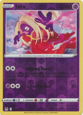 Jynx - 068/196 - Common Reverse Holo
Sword &amp; Shield: Lost Origin Reverse Holo Singles