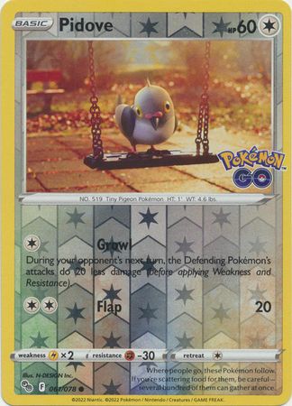 Pidove - 061/078 - Common Reverse Holo
Pokemon Go Reverse Holo Singles