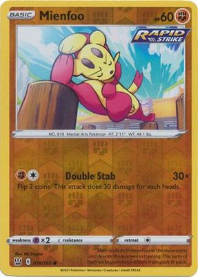 Mienfoo - 076/163 - Common Reverse Holo
Sword &amp; Shield: Battle Styles Reverse Holo Singles