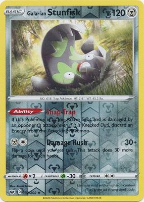 Galarian Stunfisk - 132/202 - Uncommon Reverse Holo
Sword &amp; Shield (Base Set) Reverse Holo Singles(Español)