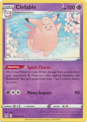 Clefable - 063/196 - Rare
Sword &amp; Shield: Lost Origin Singles