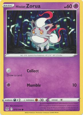 Hisuian Zorua - 075/196 - Common
Sword &amp; Shield: Lost Origin Singles