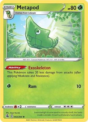 Metapod - 002/264 - Uncommon
Sword &amp; Shield: Fusion Strike Singles (Español)
