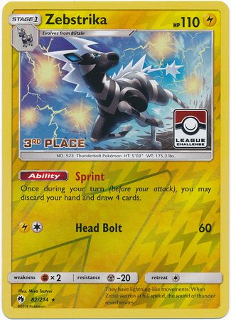 Zebstrika - 82/214 - 3rd Place League Promo
Pokemon Championship/League/Organized Play Promos