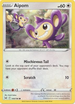 Aipom - 144/196 - Common
Sword &amp; Shield: Lost Origin Singles