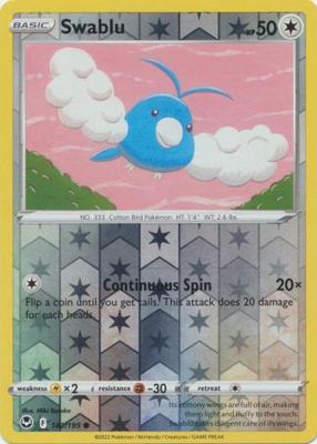 Swablu - 142/195 - Common Reverse Holo
Sword &amp; Shield: Silver Tempest Reverse Holo Singles