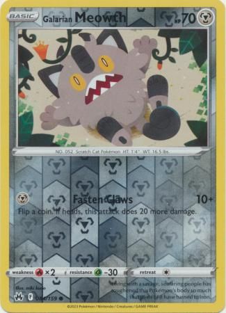 Galarian Meowth - 084/159 - Common Reverse Holo
Crown Zenith Reverse Holo Singles